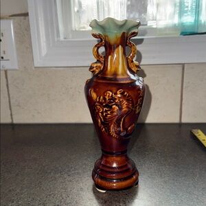 Vintage Majolica-Style Dragon antique vaseflambe glaze mottled appearance